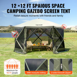 Pop-Up Gazebo Tent 12x12FT | 6-Sided Canopy with Removable Privacy Walls & Mesh Windows | Quick Set Mosquito Net Shelter | Army Green