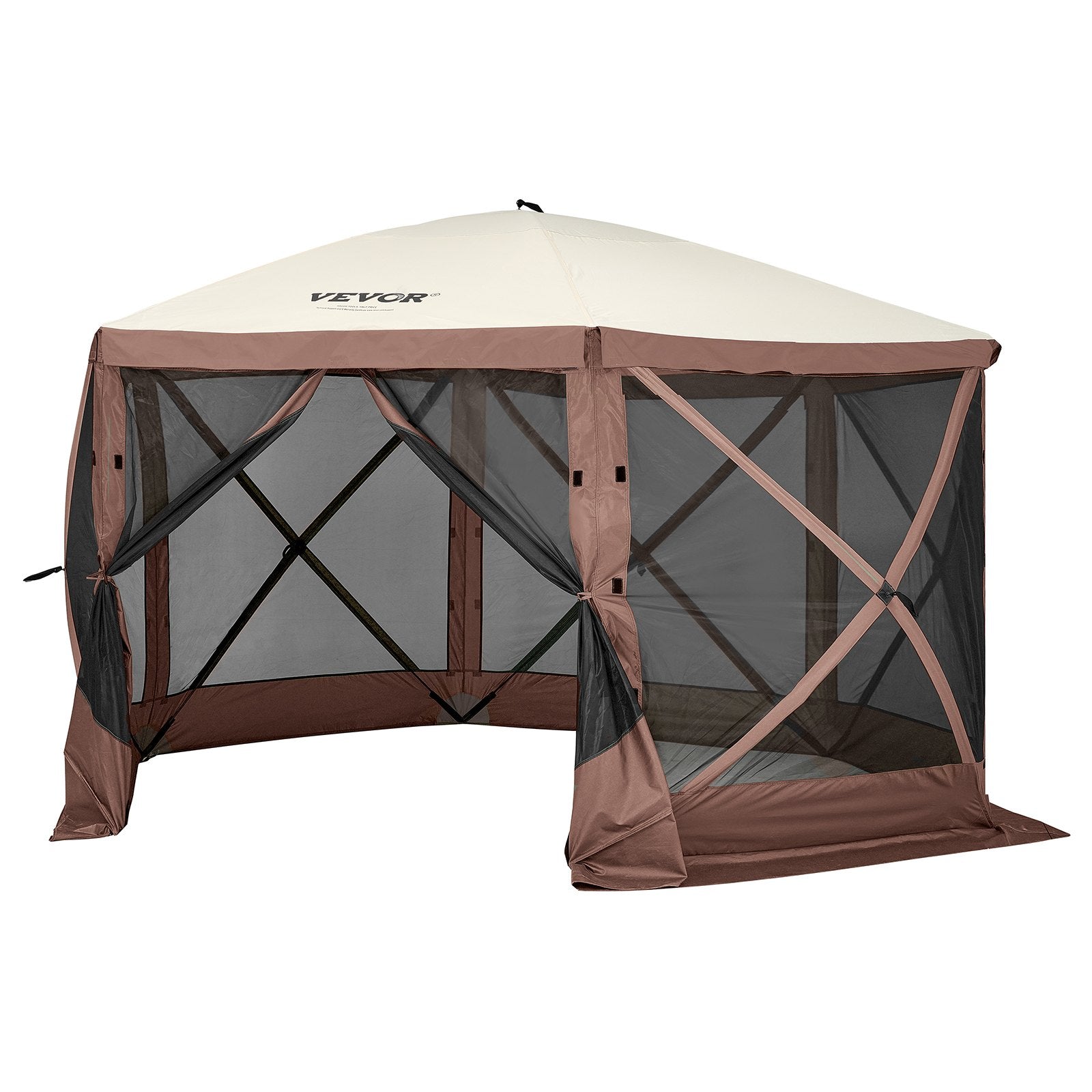Pop-Up Gazebo Tent 12.5x12.5FT | 6-Sided Canopy with Mesh Windows & Privacy Walls | Quick-Set Mosquito Shelter | Brown