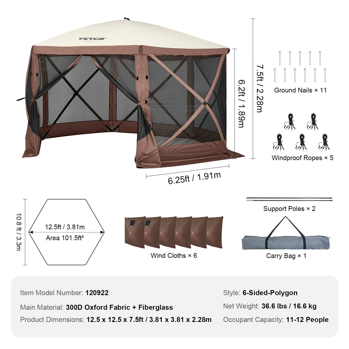 Pop-Up Gazebo Tent 12.5x12.5FT | 6-Sided Canopy with Mesh Windows & Privacy Walls | Quick-Set Mosquito Shelter | Brown