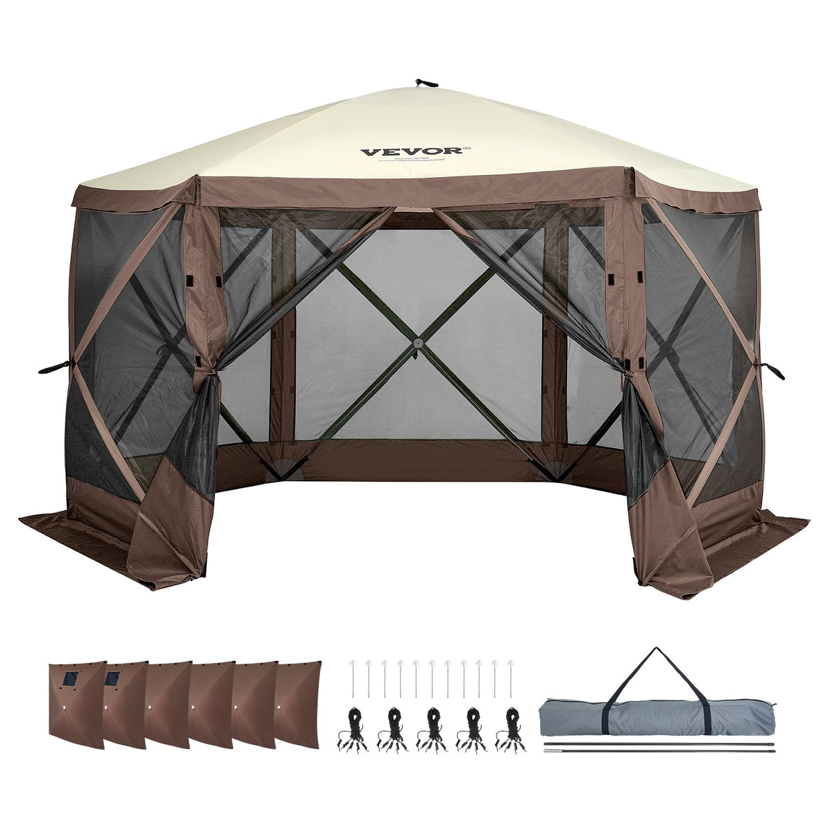 Pop-Up Gazebo Tent 12.5x12.5FT | 6-Sided Canopy with Mesh Windows & Privacy Walls | Quick-Set Mosquito Shelter | Brown