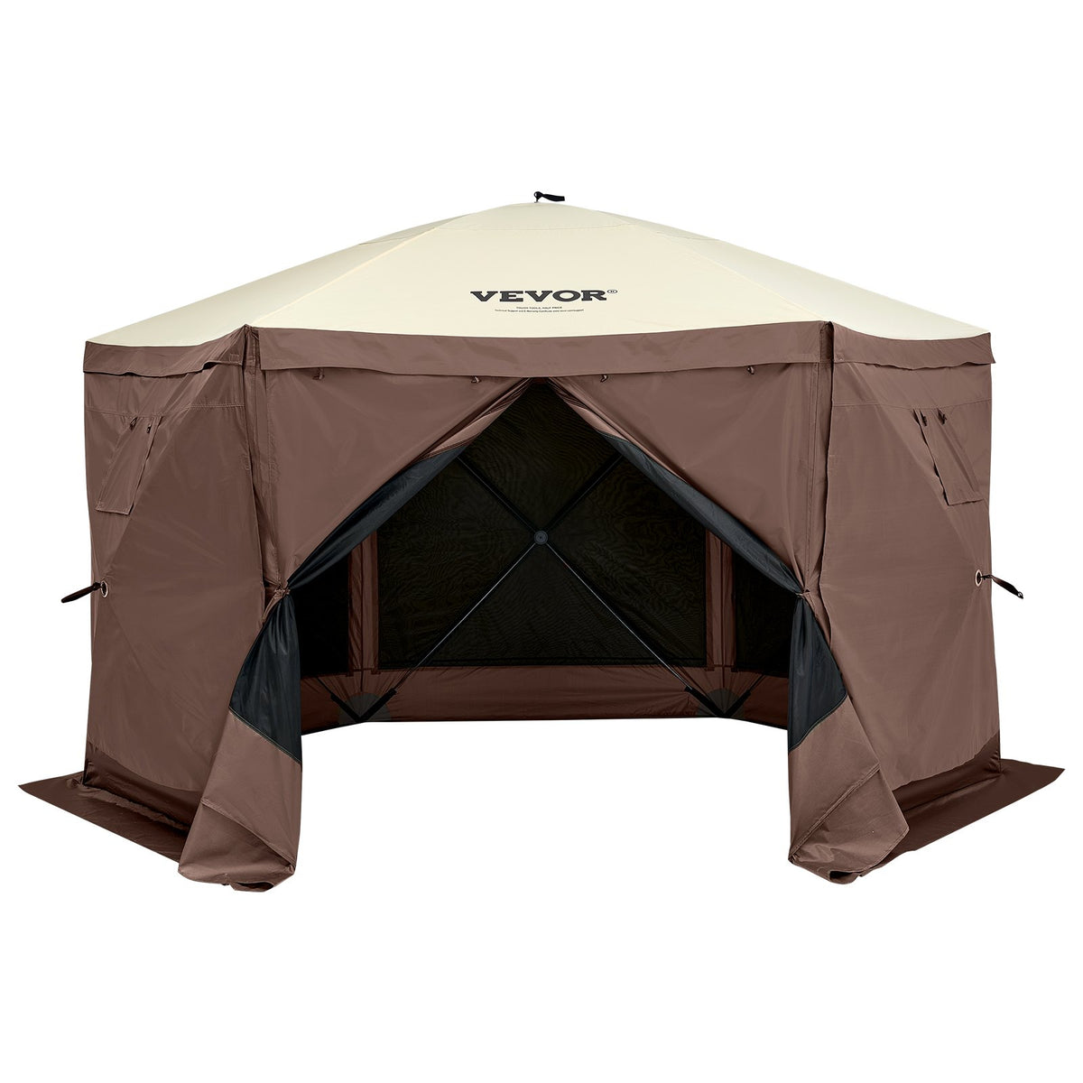 Pop-Up Gazebo Tent 12.5x12.5FT | 6-Sided Canopy with Mesh Windows & Privacy Walls | Quick-Set Mosquito Shelter | Brown
