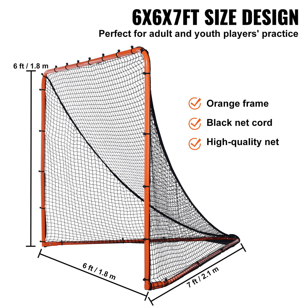Lacrosse Goal 1.8x1.8m | Folding Steel Frame Training Net | Quick Setup Portable Backyard Goal for Youth & Adult Practice | Orange