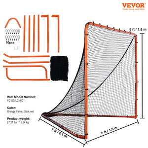 Lacrosse Goal 1.8x1.8m | Folding Steel Frame Training Net | Quick Setup Portable Backyard Goal for Youth & Adult Practice | Orange