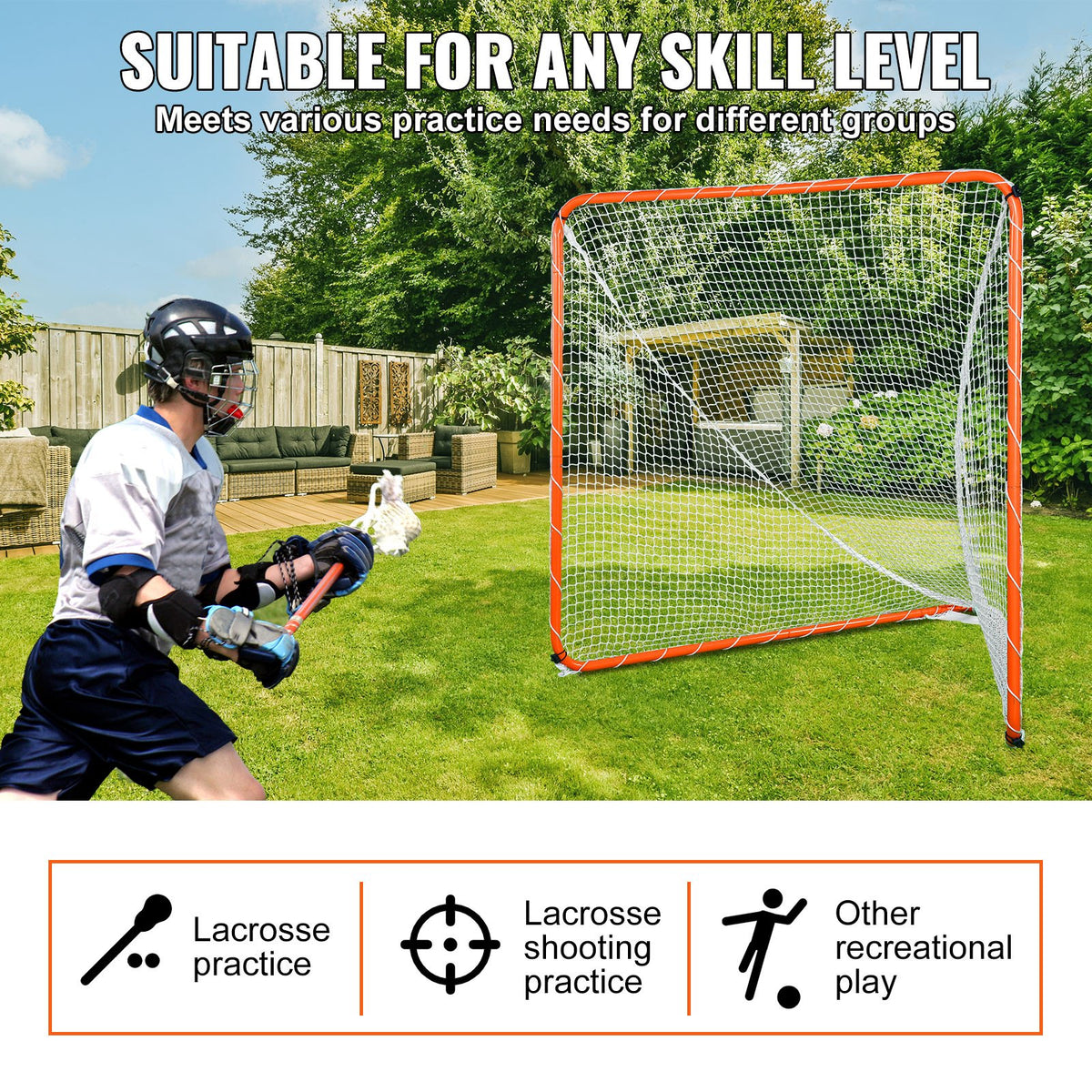 Lacrosse Goal 6x6ft | Steel Frame Training Net with Carry Bag | Portable Backyard Practice Goal for Youth & Adult Lacrosse | Orange