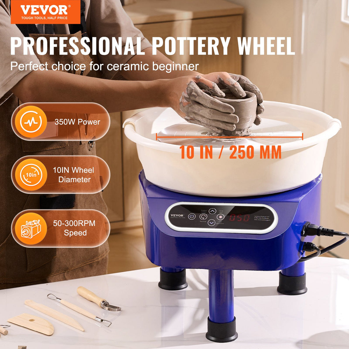 Pottery Wheel 10 Inch Blue | 350W Electric Wheel with Foot Pedal & LCD | Direct Drive Ceramic Machine with 3 Support Legs for DIY Art & Craft