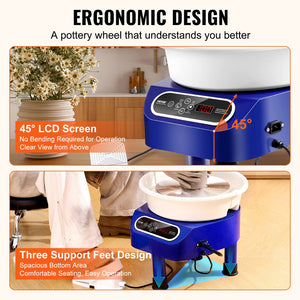 Pottery Wheel 10 Inch Blue | 350W Electric Wheel with Foot Pedal & LCD | Direct Drive Ceramic Machine with 3 Support Legs for DIY Art & Craft