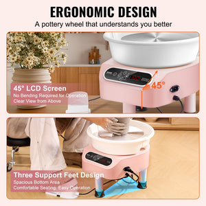 Pottery Wheel 10 Inch Pink | 350W Electric Wheel with Foot Pedal & LCD | Direct Drive Ceramic Machine with 3 Support Legs for DIY Art & Craft