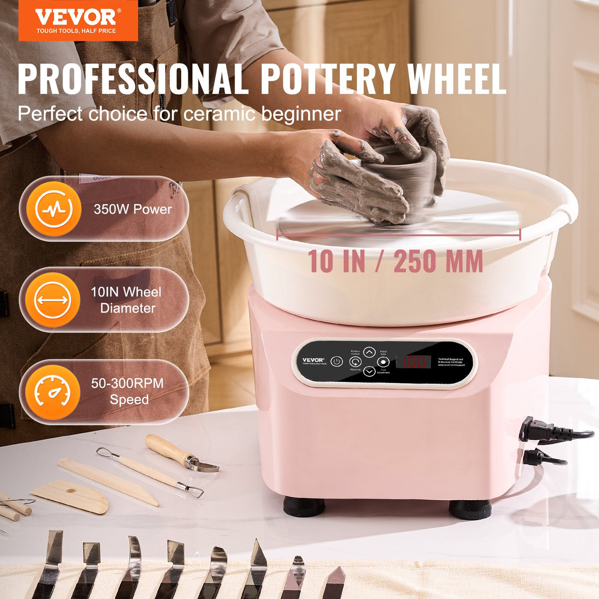 Pottery Wheel 10 Inch Pink | 350W Electric Pottery Forming Machine with Foot Pedal & LCD Touch Screen | Direct Drive Ceramic Wheel with Tools | DIY Art Craft