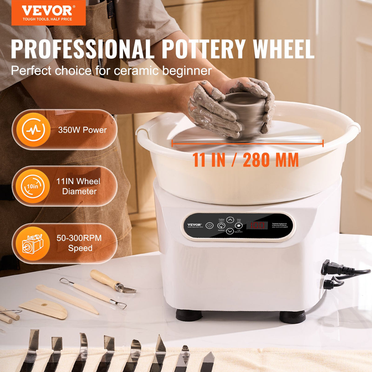 Pottery Wheel 11 Inch White | 350W Electric Pottery Forming Machine with Foot Pedal & LCD Touch Screen | Direct Drive Ceramic Wheel with Tools | DIY Art Craft