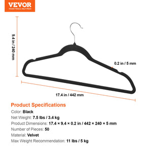 Velvet Hangers | 50-Pack Black Non-Slip with Swivel Hook