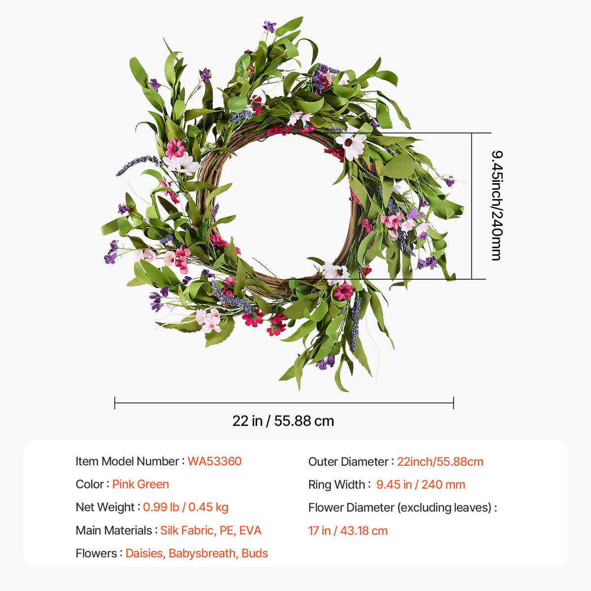 Decorative Wreath | 55cm Pink & Green Daisies | Year-Round Decor
