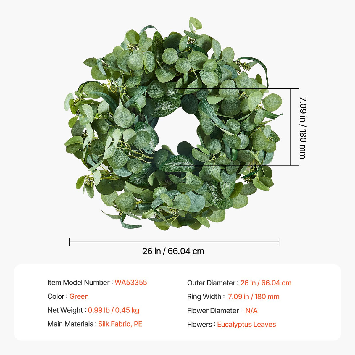 Decorative Wreath | 66cm Green Eucalyptus Leaves | Year-Round Home Decor