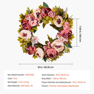 Decorative Wreath | 48cm Pink Peonies & Hydrangeas | Year-Round Decor