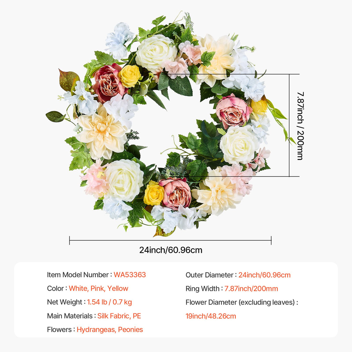 Decorative Wreath | 60.96cm Peonies & Hydrangeas | White/Pink/Yellow