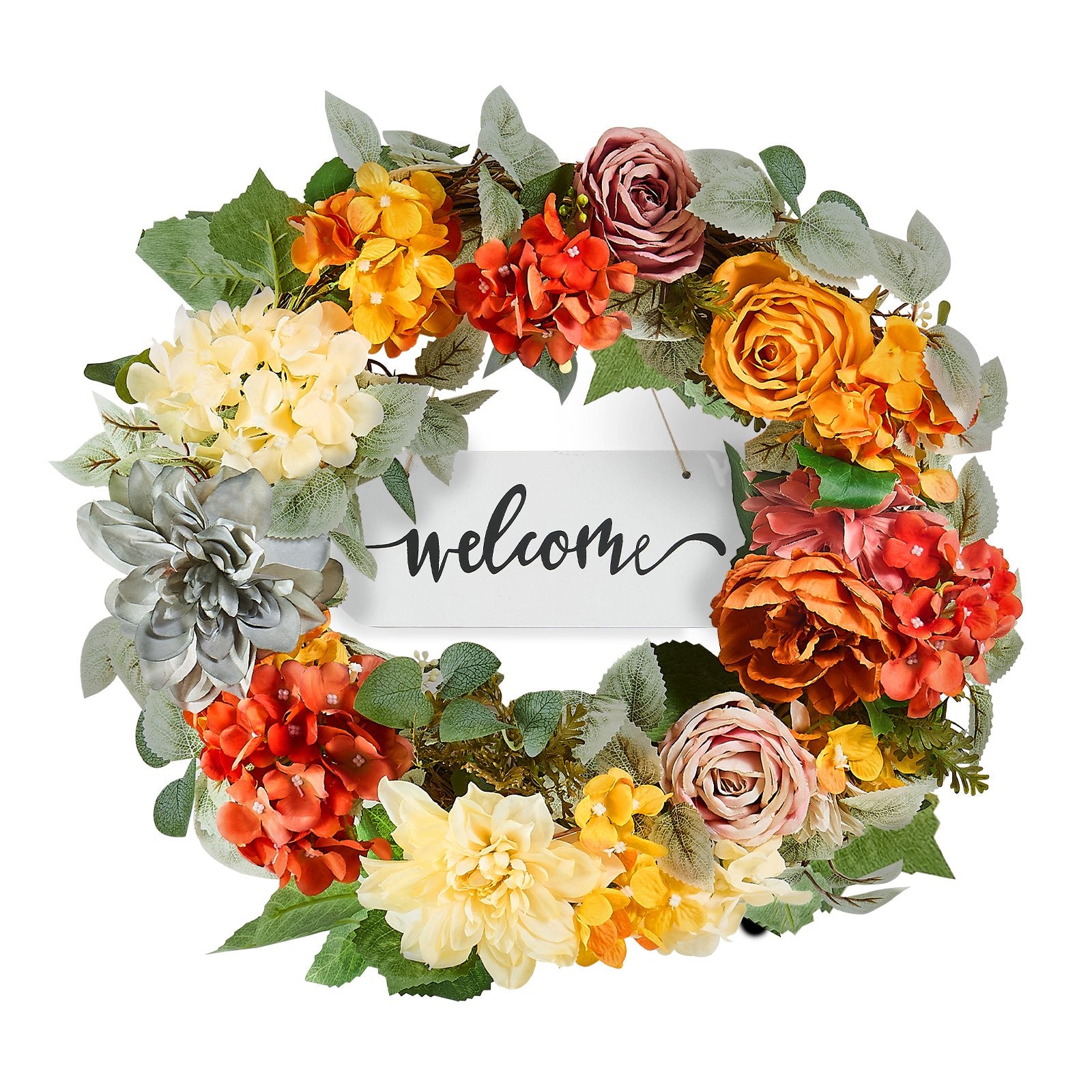 Decorative Wreath | 60cm Hydrangeas & Roses | Red, Orange & Yellow