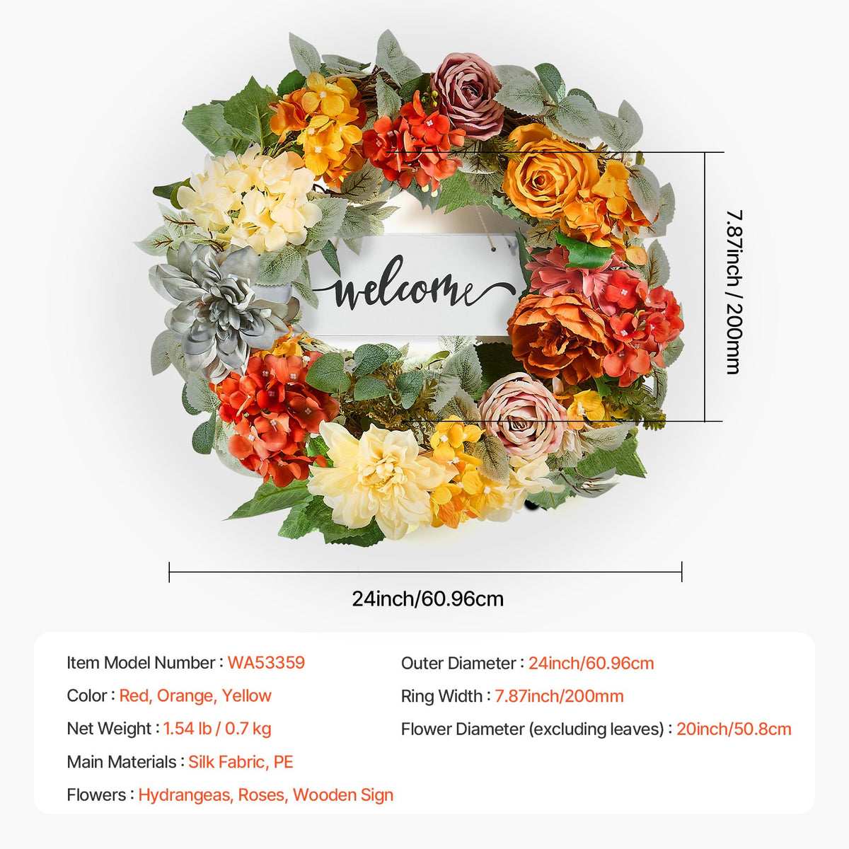 Decorative Wreath | 60cm Hydrangeas & Roses | Red, Orange & Yellow