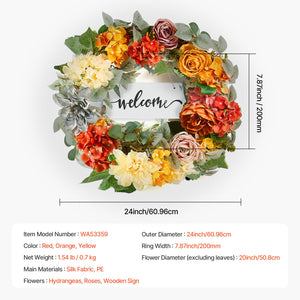 Decorative Wreath | 60cm Hydrangeas & Roses | Red, Orange & Yellow