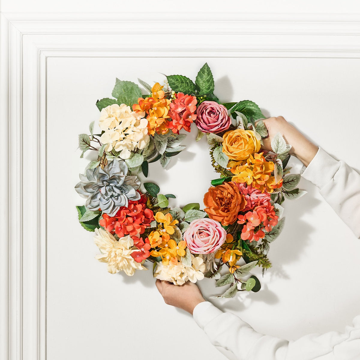 Decorative Wreath | 60cm Hydrangeas & Roses | Red, Orange & Yellow