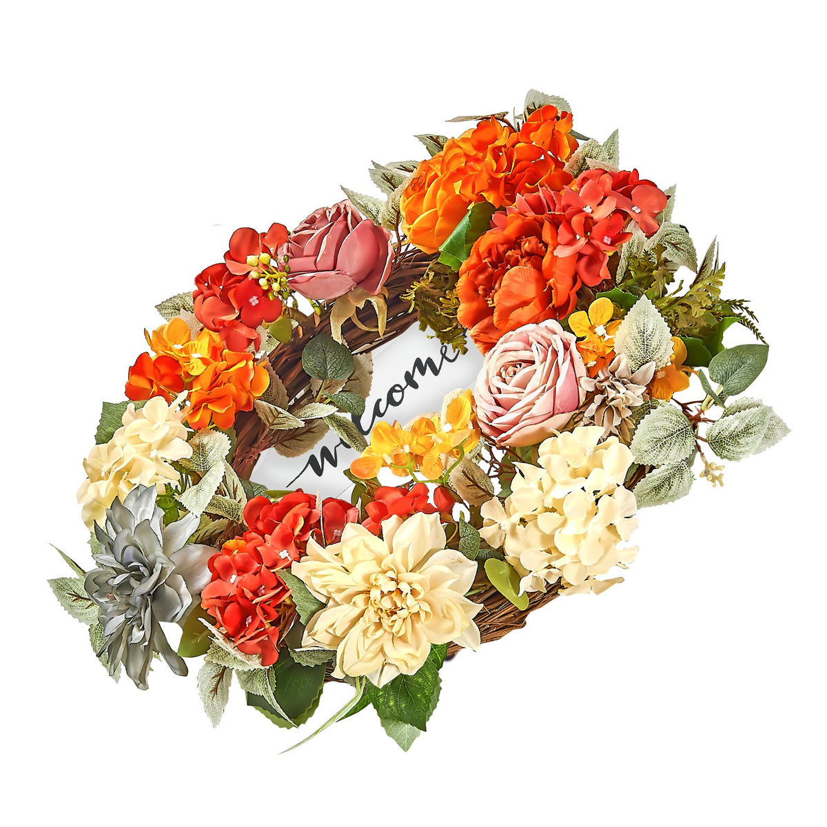 Decorative Wreath | 60cm Hydrangeas & Roses | Red, Orange & Yellow