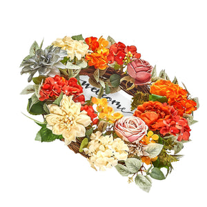 Decorative Wreath | 60cm Hydrangeas & Roses | Red, Orange & Yellow