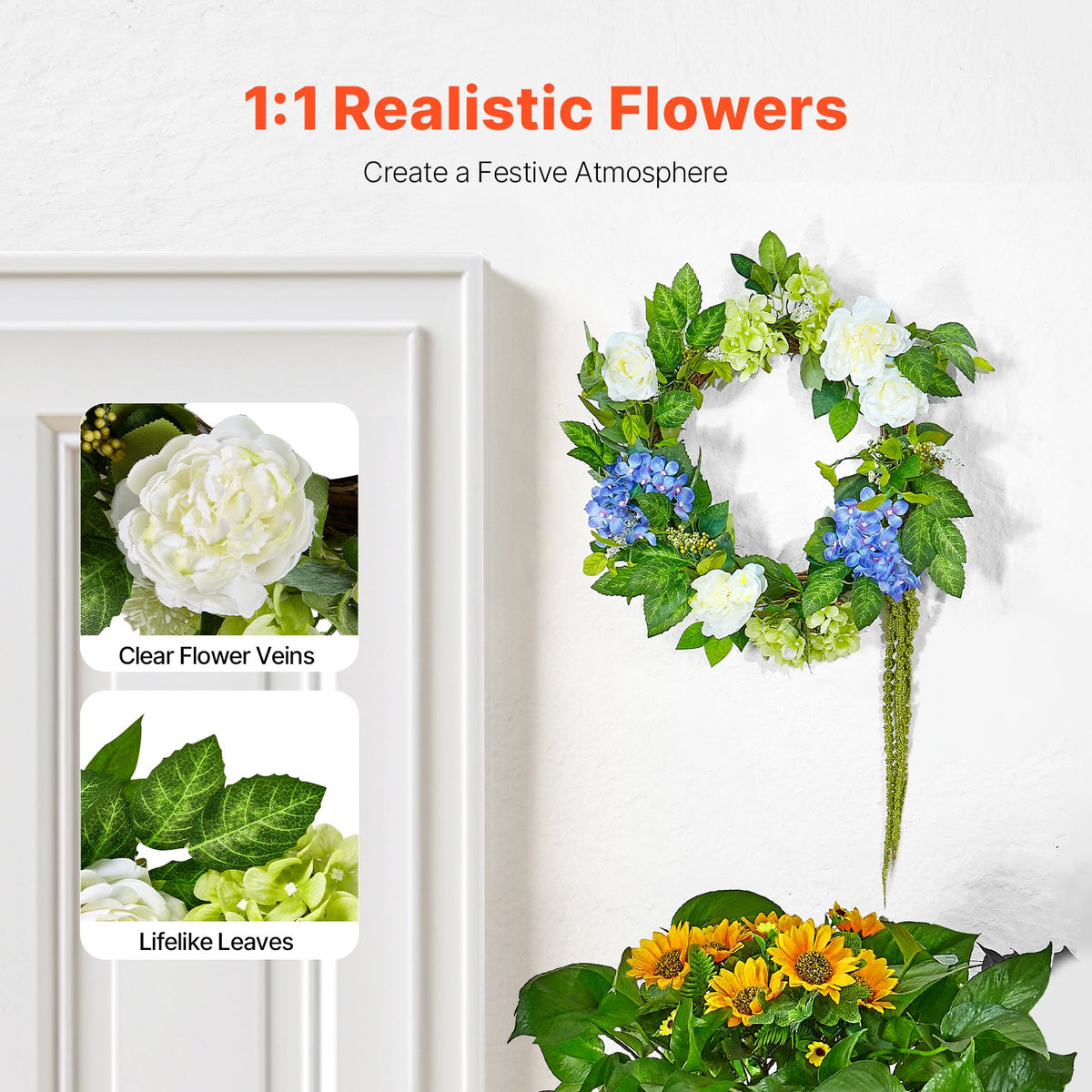Decorative Wreath | 58cm Hydrangeas & Roses | Blue, White & Green