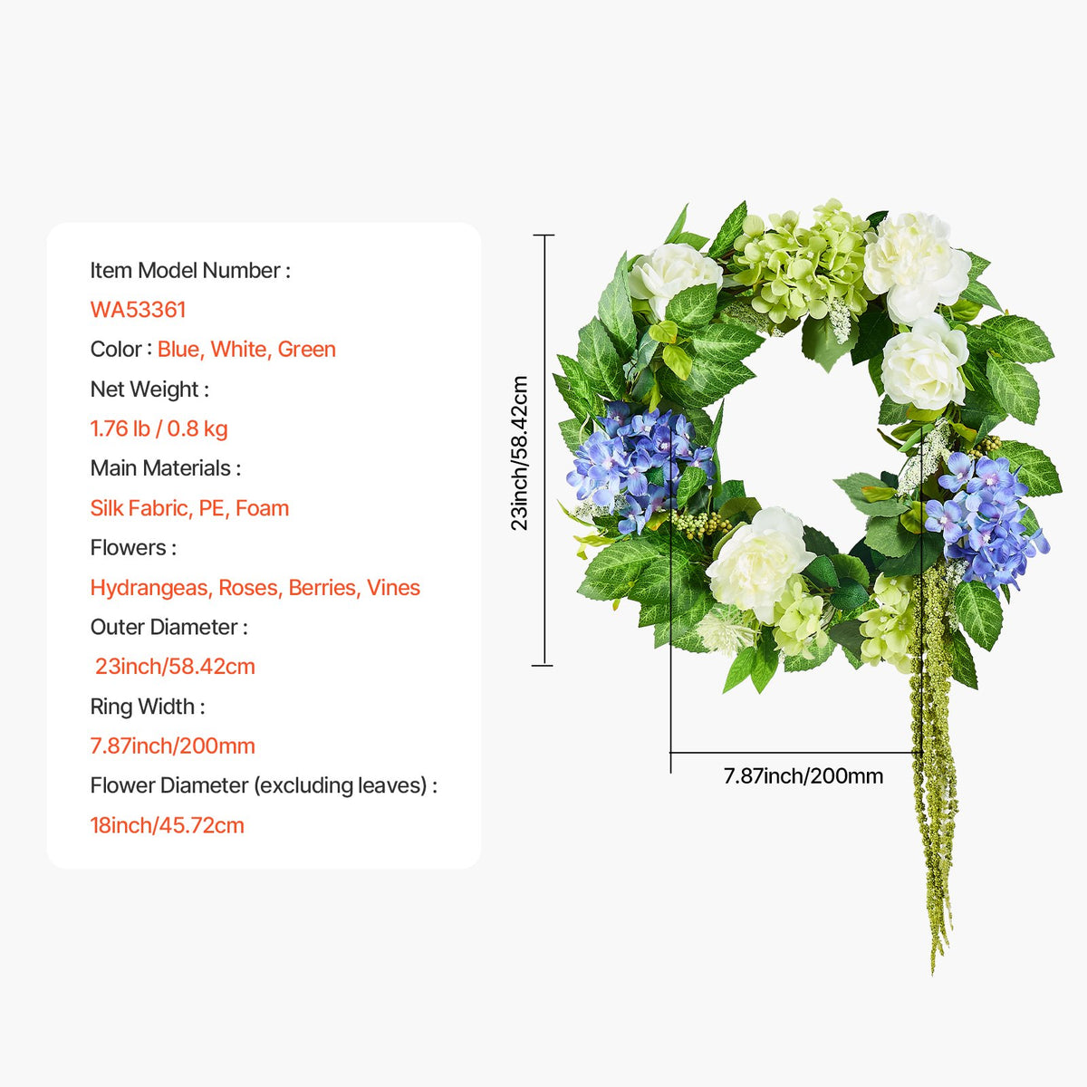 Decorative Wreath | 58cm Hydrangeas & Roses | Blue, White & Green