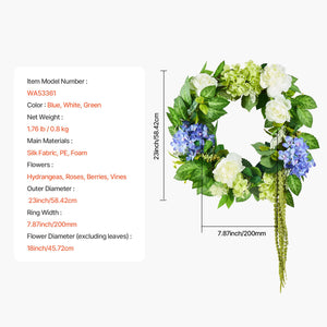Decorative Wreath | 58cm Hydrangeas & Roses | Blue, White & Green