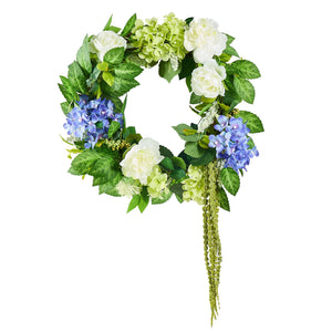 Decorative Wreath | 58cm Hydrangeas & Roses | Blue, White & Green