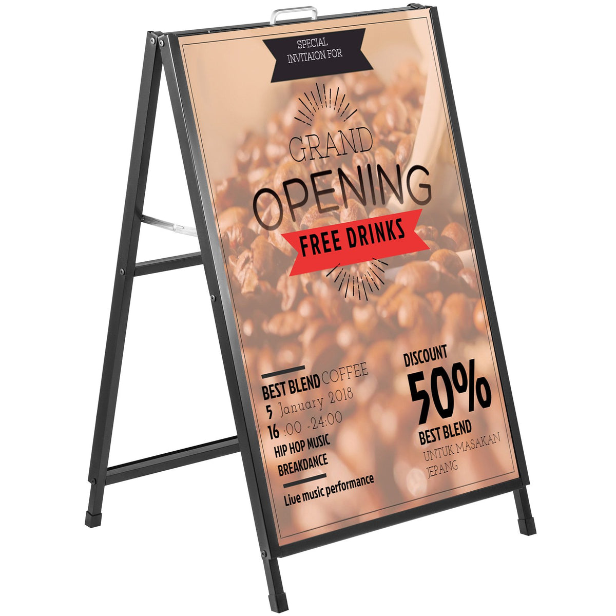 A-Frame Sidewalk Sign 24"x36" | Black Steel Folding Sandwich Board | Double-Sided with 2 Plastic Poster Boards