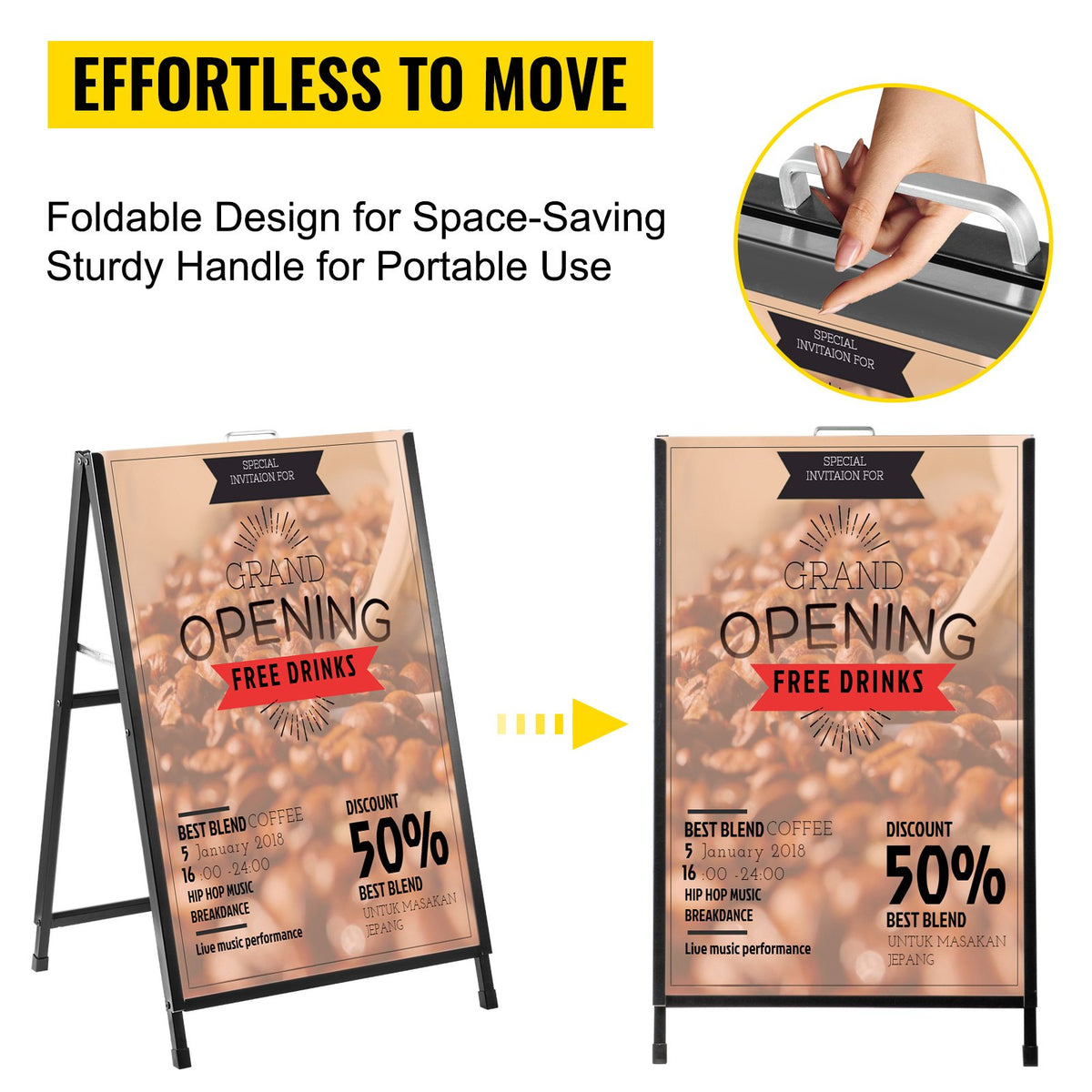A-Frame Sidewalk Sign 24"x36" | Black Steel Folding Sandwich Board | Double-Sided with 2 Plastic Poster Boards
