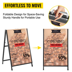 A-Frame Sidewalk Sign 24"x36" | Black Steel Folding Sandwich Board | Double-Sided with 2 Plastic Poster Boards