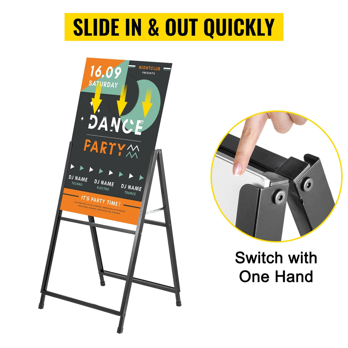 A-Frame Sidewalk Sign 24"x36" | Black Steel Folding Sandwich Board | Double-Sided with 2 Plastic Poster Boards