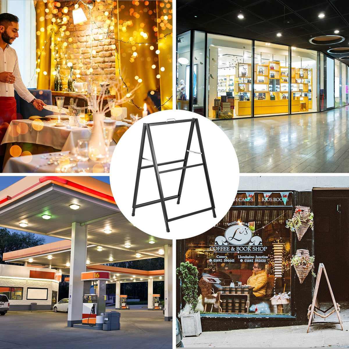 A-Frame Sidewalk Sign 24"x36" | Black Steel Folding Sandwich Board | Double-Sided with 2 Plastic Poster Boards