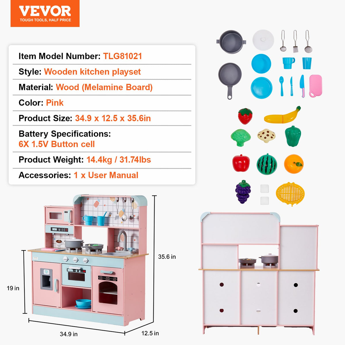Kids Kitchen Playset | Pink Pretend Cooking Toy with 24 Accessories