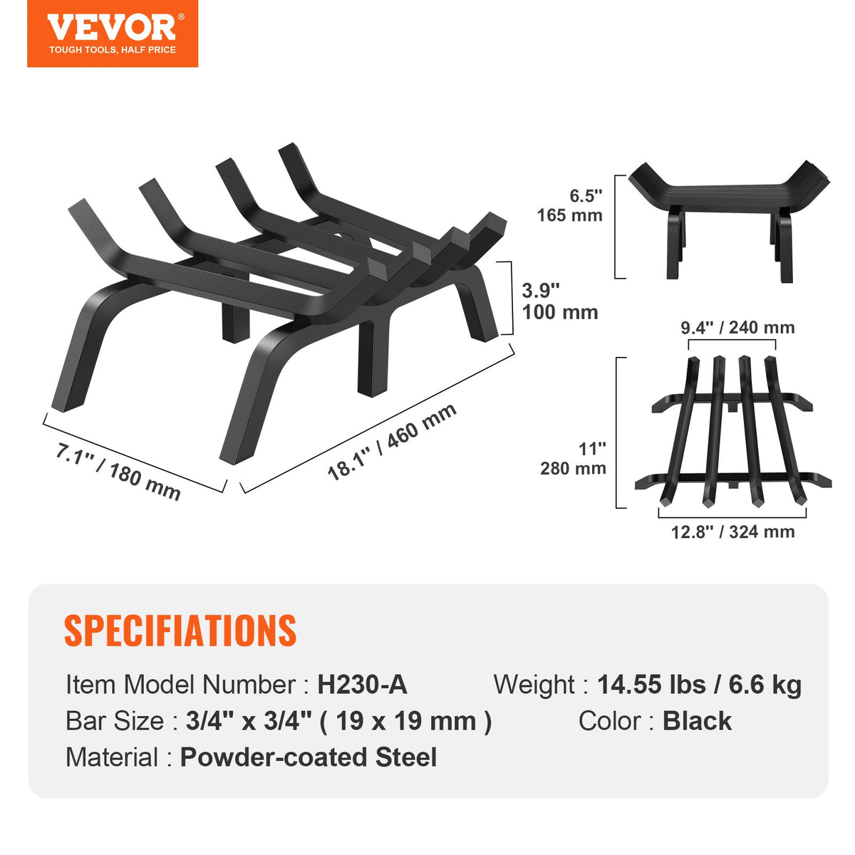 Fireplace Log Grate 18" | Heavy Duty Steel with 6 Support Legs | Indoor & Outdoor Firewood Rack