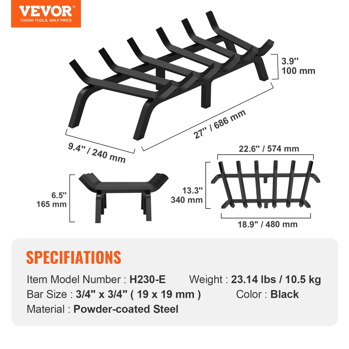 Fireplace Log Grate 685mm | Heavy Duty 6-Leg Steel Firewood Rack