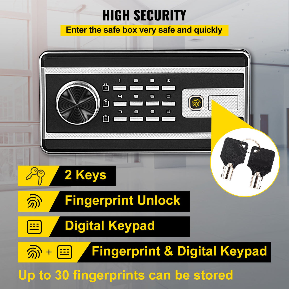 Safe Box 0.8 cu.ft | Fingerprint & Digital Keypad Security Safe with Keys | Q235 Steel | For Cash, Jewellery, Documents & Pistols