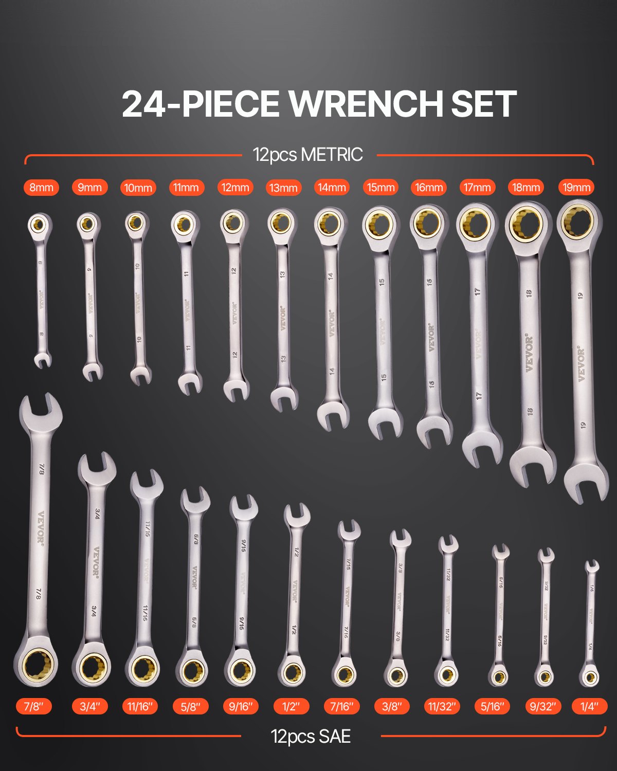 Wrench Set | 24-Piece SAE & Metric Combination Wrenches with Organizer