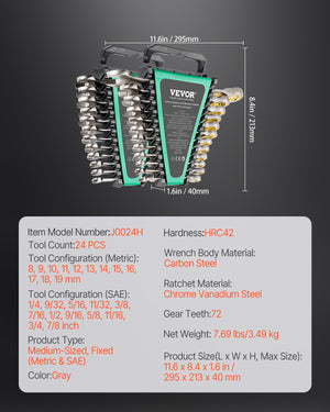 Wrench Set | 24-Piece SAE & Metric Combination Wrenches with Organizer