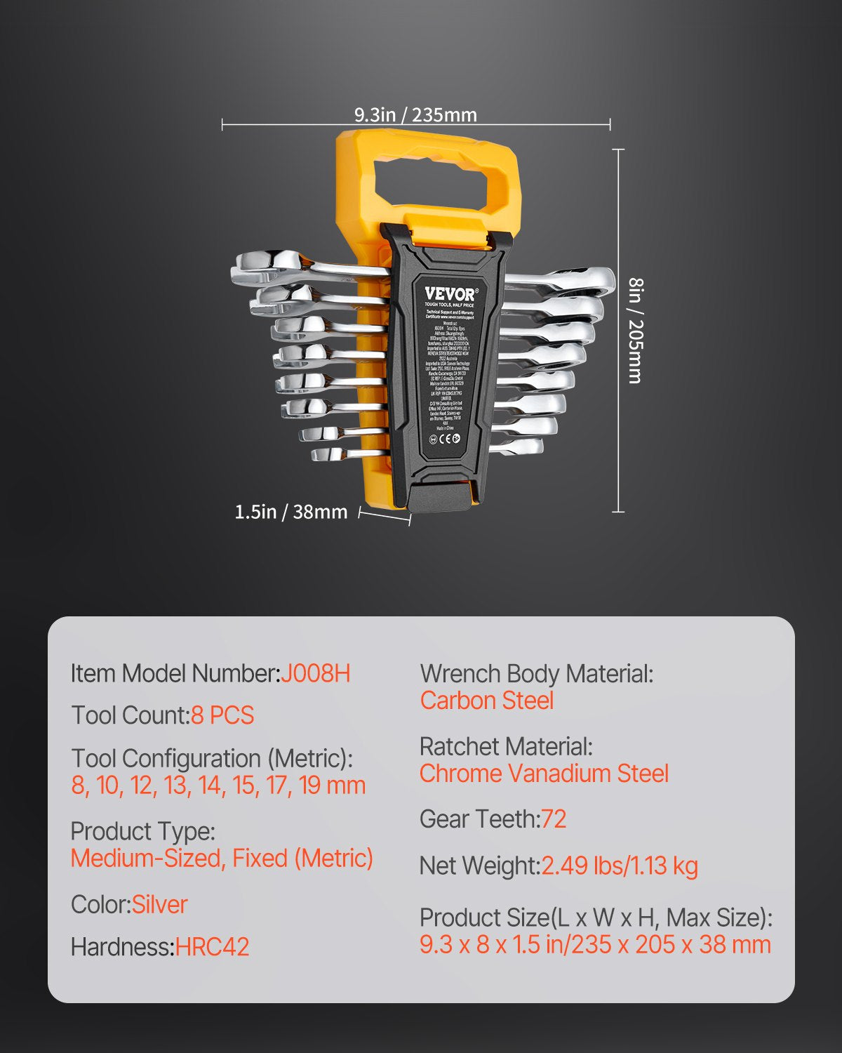 Combination Wrench Set | 8-Piece Metric 8–19mm with Organizer Rack