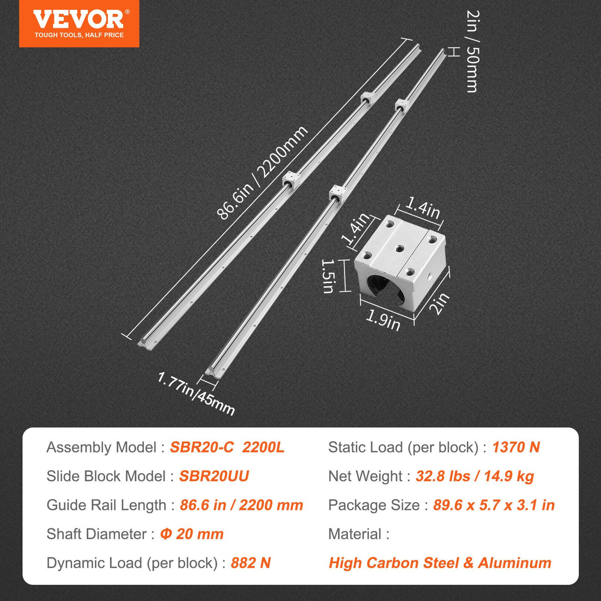 Linear Guide Rail Set SBR20 2200mm | 2 Rails + 4 SBR20UU Blocks | CNC Router & Automation Kit