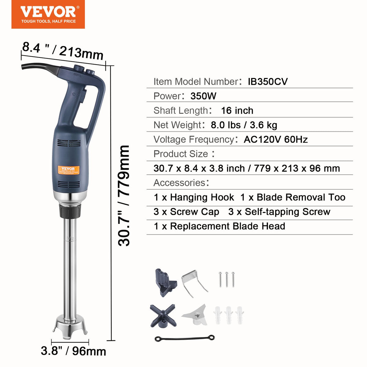 Commercial Immersion Blender 350W | Heavy Duty Hand Mixer for Soups & Sauces | Ergonomic Grip & Stainless Steel Shaft