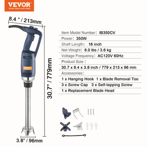 Commercial Immersion Blender 350W | Heavy Duty Hand Mixer for Soups & Sauces | Ergonomic Grip & Stainless Steel Shaft