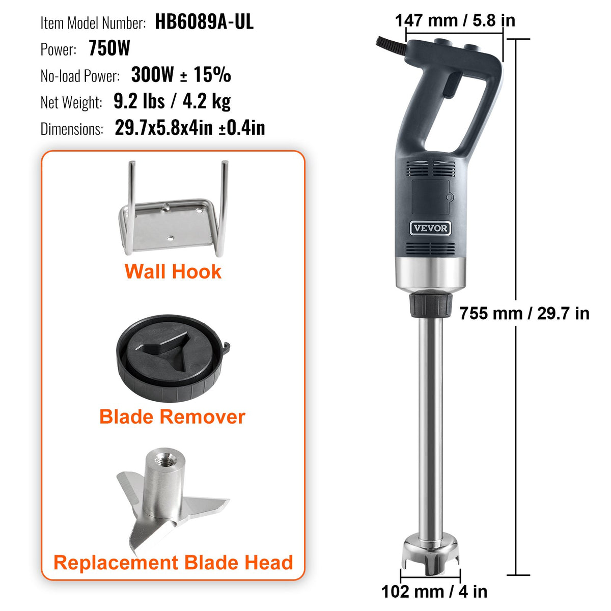Commercial Immersion Blender 750W | Heavy Duty Variable Speed Hand Mixer for Soups & Sauces