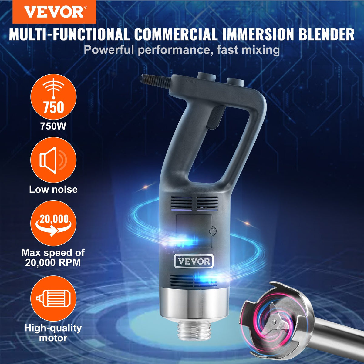 Commercial Immersion Blender 750W | Heavy Duty Variable Speed Hand Mixer for Soups & Sauces