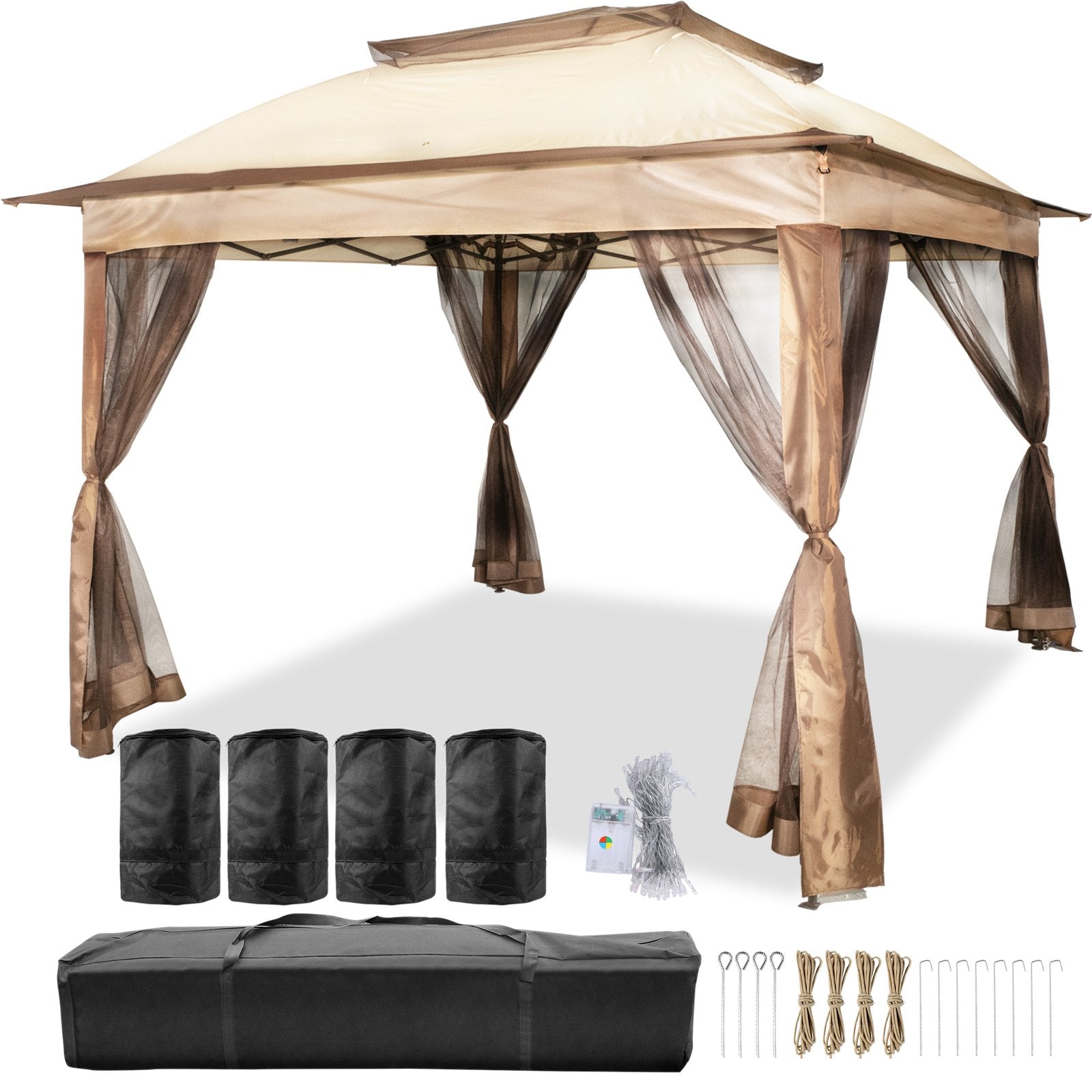 Outdoor Canopy Gazebo | 11x11ft Portable Shade Tent with Sandbags, Bag & Netting | Party, Garden & Patio Shelter – Brown