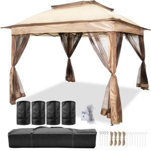 Outdoor Canopy Gazebo | 11x11ft Portable Shade Tent with Sandbags, Bag & Netting | Party, Garden & Patio Shelter – Brown