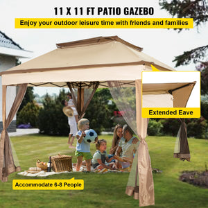 Outdoor Canopy Gazebo | 11x11ft Portable Shade Tent with Sandbags, Bag & Netting | Party, Garden & Patio Shelter – Brown