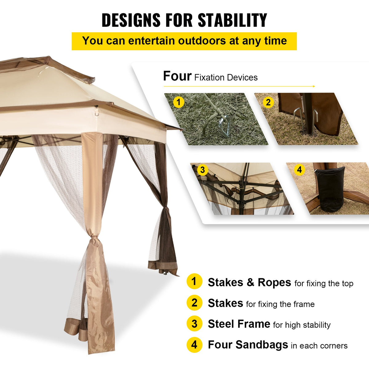 Outdoor Canopy Gazebo | 11x11ft Portable Shade Tent with Sandbags, Bag & Netting | Party, Garden & Patio Shelter – Brown