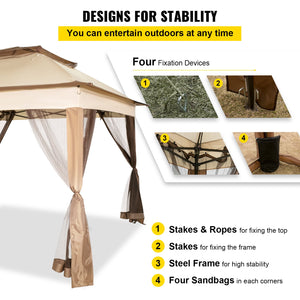 Outdoor Canopy Gazebo | 11x11ft Portable Shade Tent with Sandbags, Bag & Netting | Party, Garden & Patio Shelter – Brown